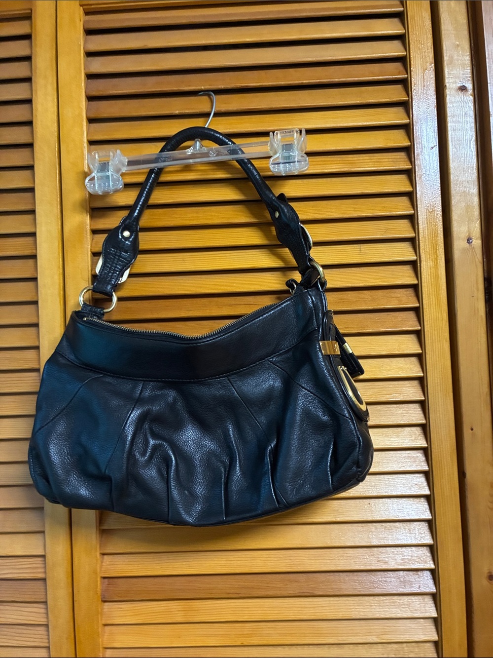 b. makowsky Black Pleated Leather Shoulder Bag with Gold Accents